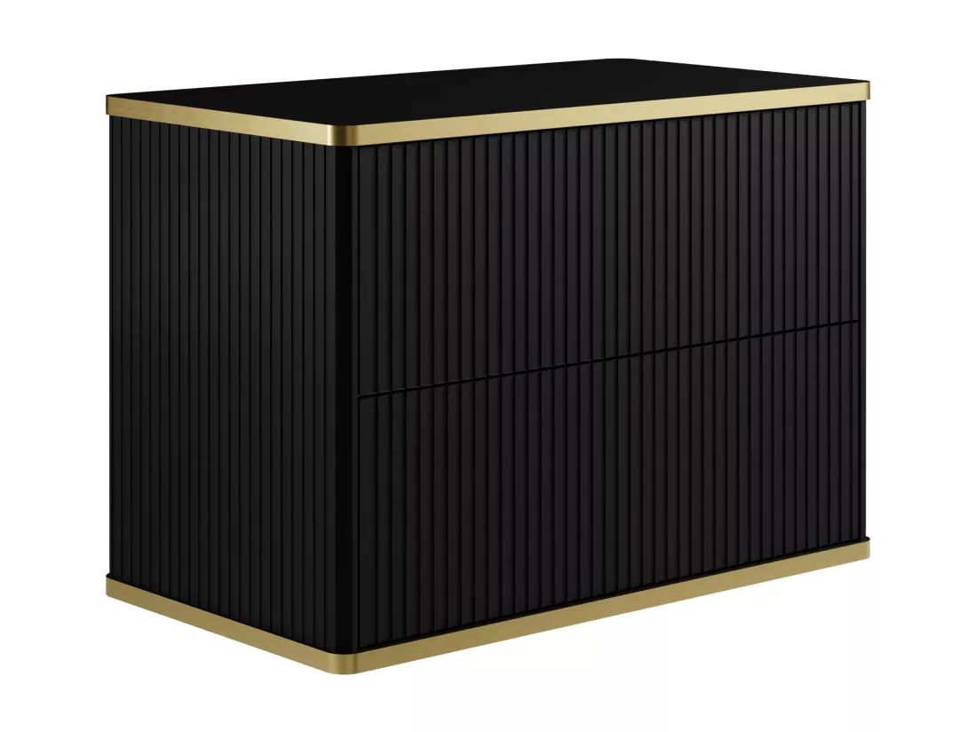 Meuble de salle de bain suspendu strié liseré doré avec vasque à poser ronde - Noir - 80 cm - KELIZA
