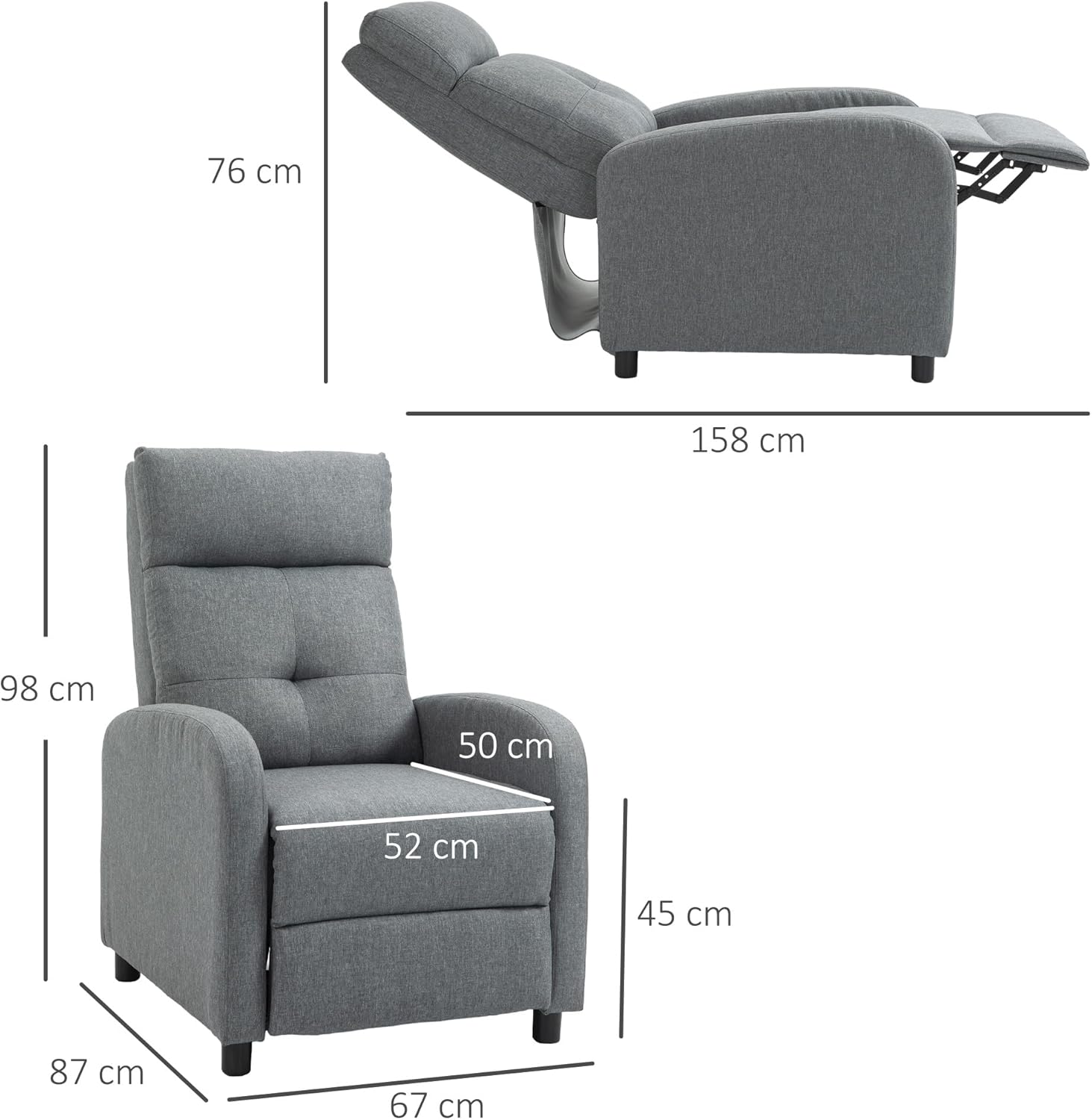 HOMCOM Relaxsessel, Fernsehsessel mit Liegefunktion, TV-Sessel mit Leinenoptik, Gepolstert Liegesessel mit Taschenfederkern, Ruhesessel bis 150 kg belastbar für Wohnzimmer, Grau