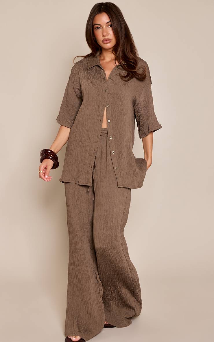 Marron Foncé Ensemble Coordonné Chemise Texturée Tissée Oversize À Manches Courtes