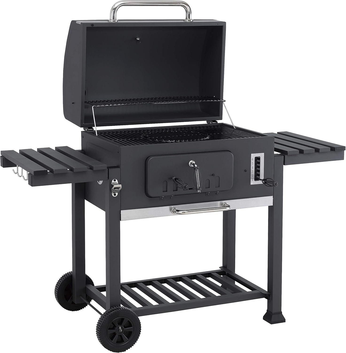 tepro Toronto XXL, Holzkohlegrill/Grillwagen, Grillfläche: ca. 71,5 x 46 cm, Edelstahl-Griff, Thermometer und höhenverstellbarer Kohlebene, Kaminanzug und Kohleklappe, Maße ca. 152 x 73 x 137 cm