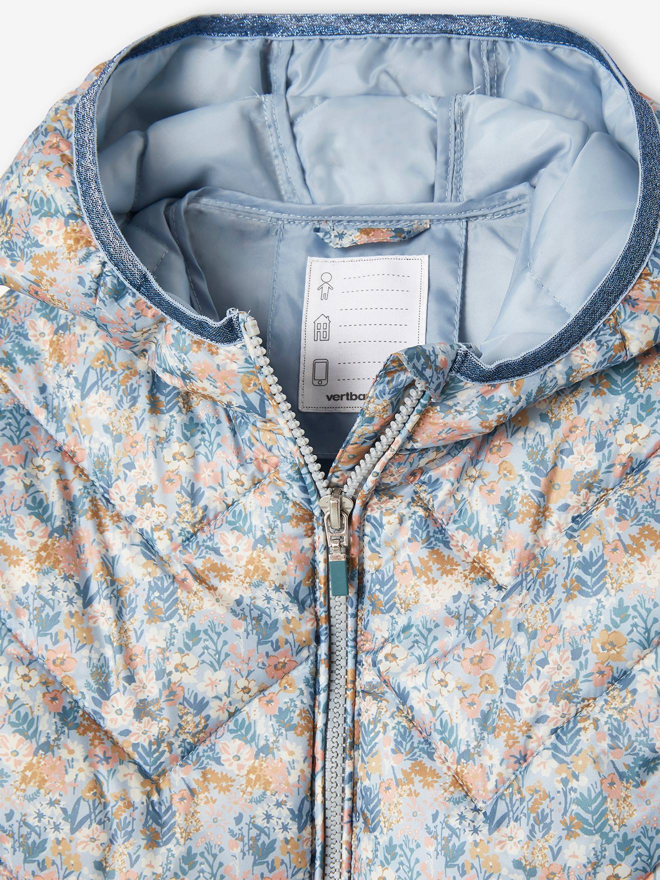 Jaqueta acolchoada leve com capuz e detalhes iridescentes, para meninas, estampa amarela tamanho médio.