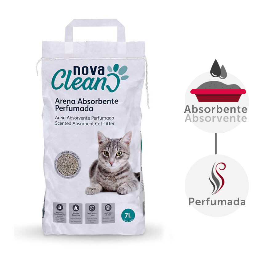 Areia higiênica absorvente e perfumada Nova Clean para gatos.