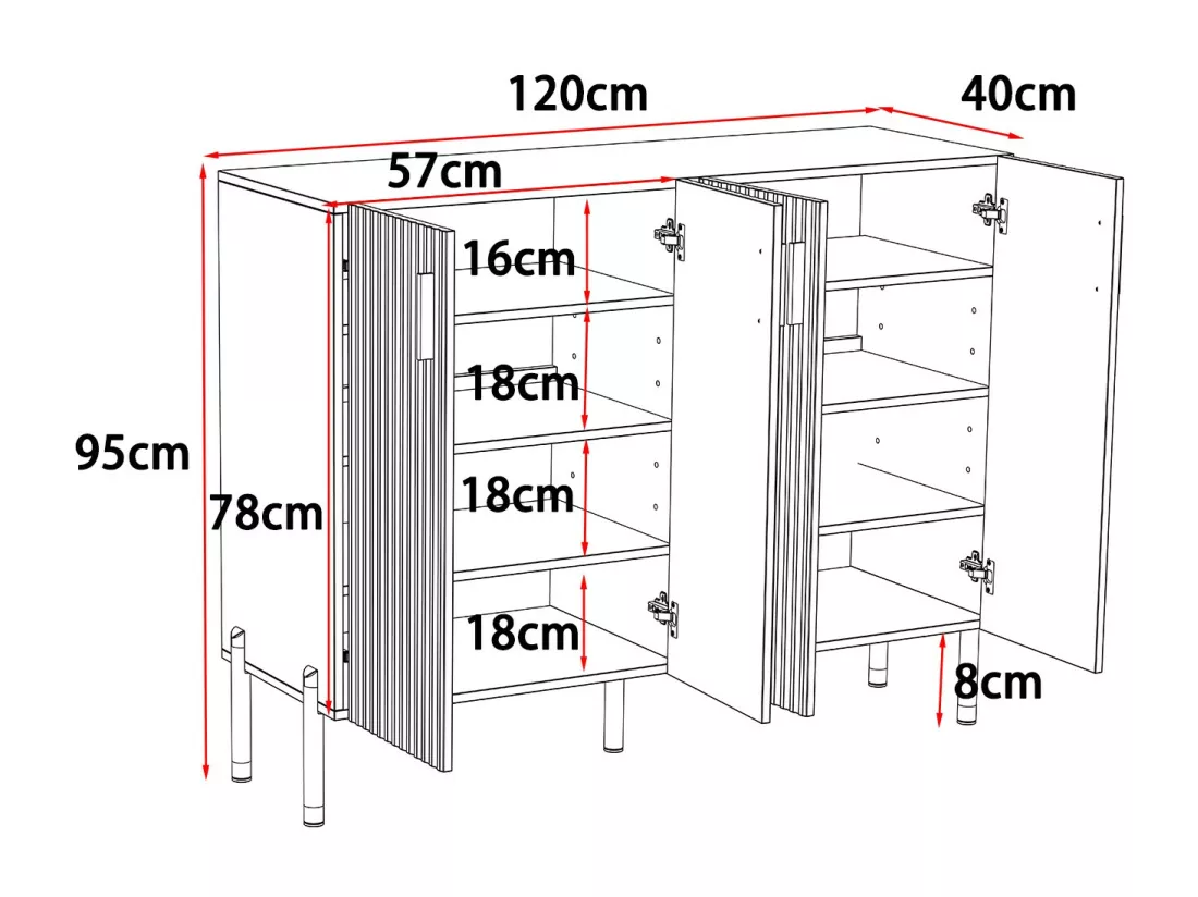 Buffet moderne armoire de rangement en Blanc poignée et pieds en métal 4 portes Chambre Salon 120x41x95cm