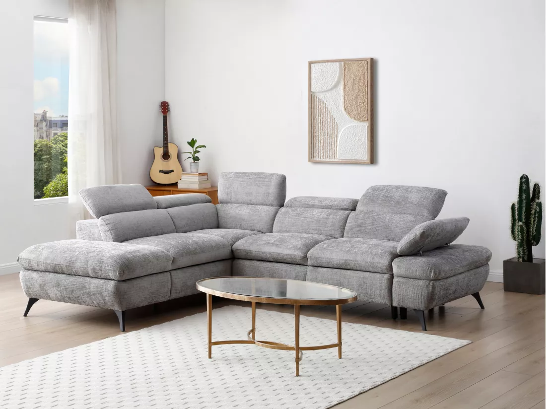 Canapé d'angle gauche convertible en tissu texturé gris SURDELI