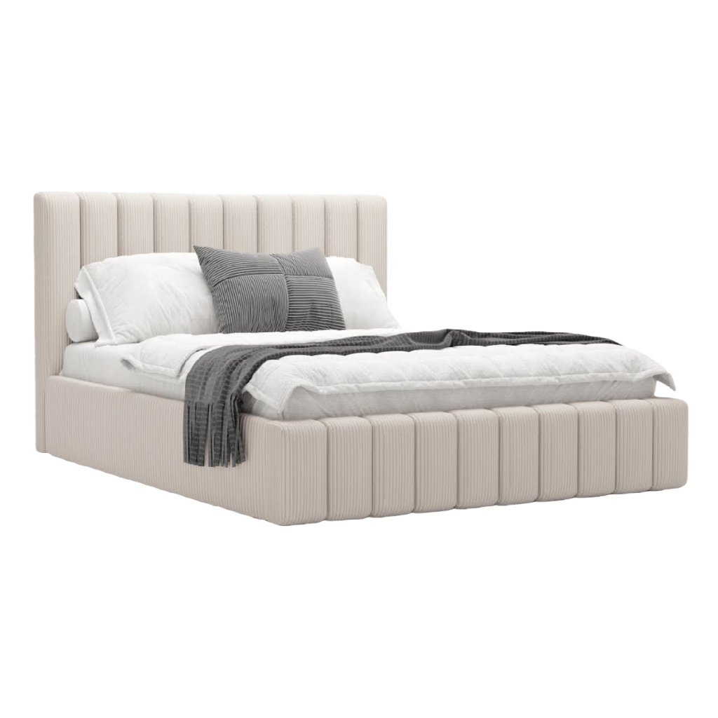 Lit capitonné en velours côtelé beige — Élégance moderne et confort supérieur