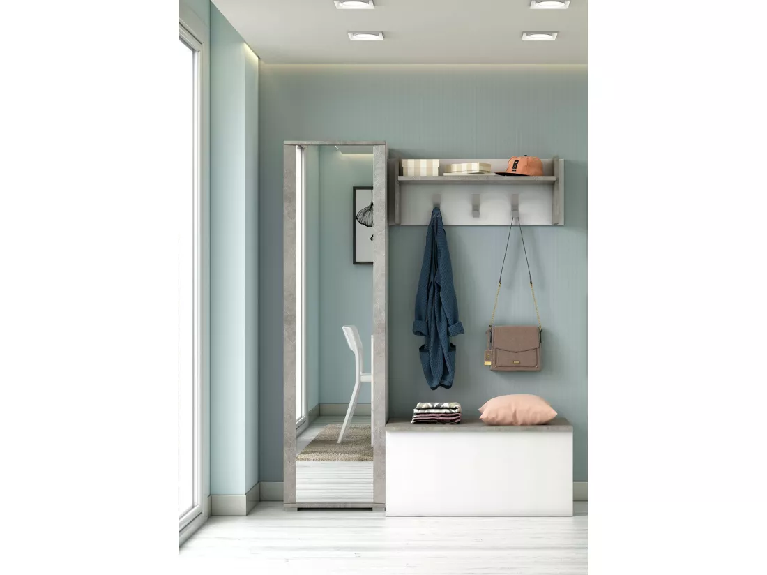 Étagère à chaussures Dcandel, meuble d'entrée polyvalent avec porte miroir, meuble à chaussures moderne avec 7 étagères, 100% Made in Italy, 50x32hx182 cm, Blanc et Ciment