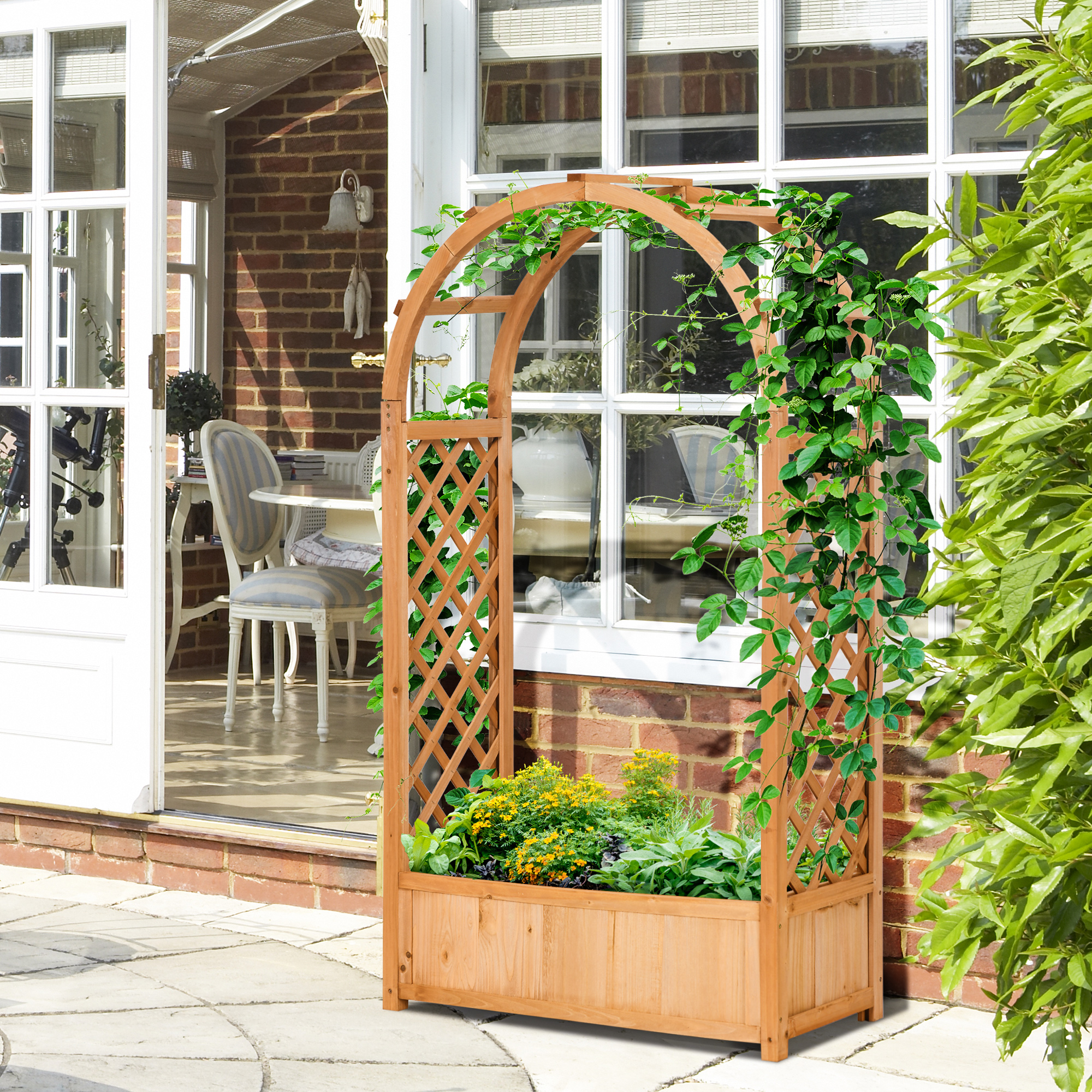 Vaso de treliça Outsunny com arco, suporte para plantas trepadeiras, flores, decoração de jardim, terraço, varanda, 83x36x152 cm, natural
