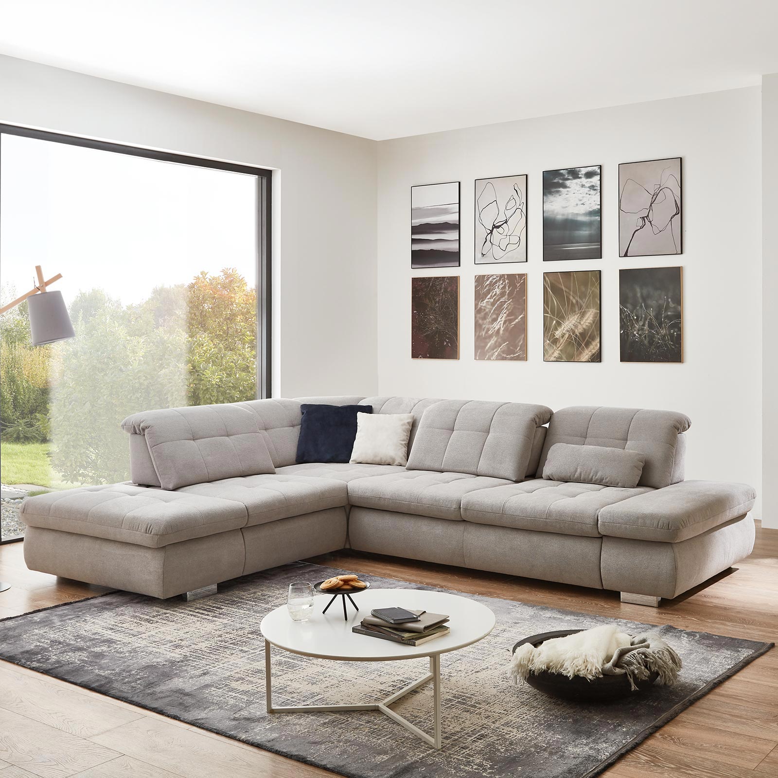 polsterpower Ecksofa - silber - mit Funktionen - Anstellhocker links