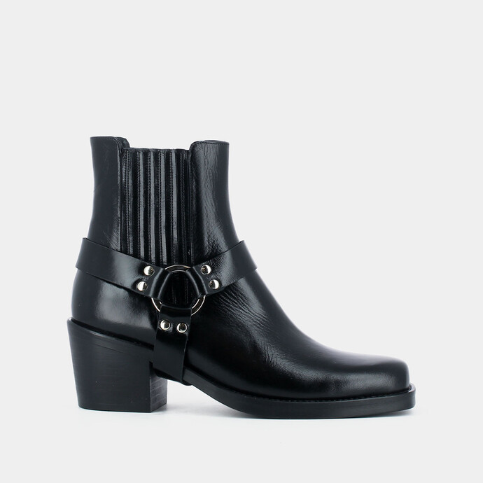 Bottines à fronces et boucles  en cuir noir