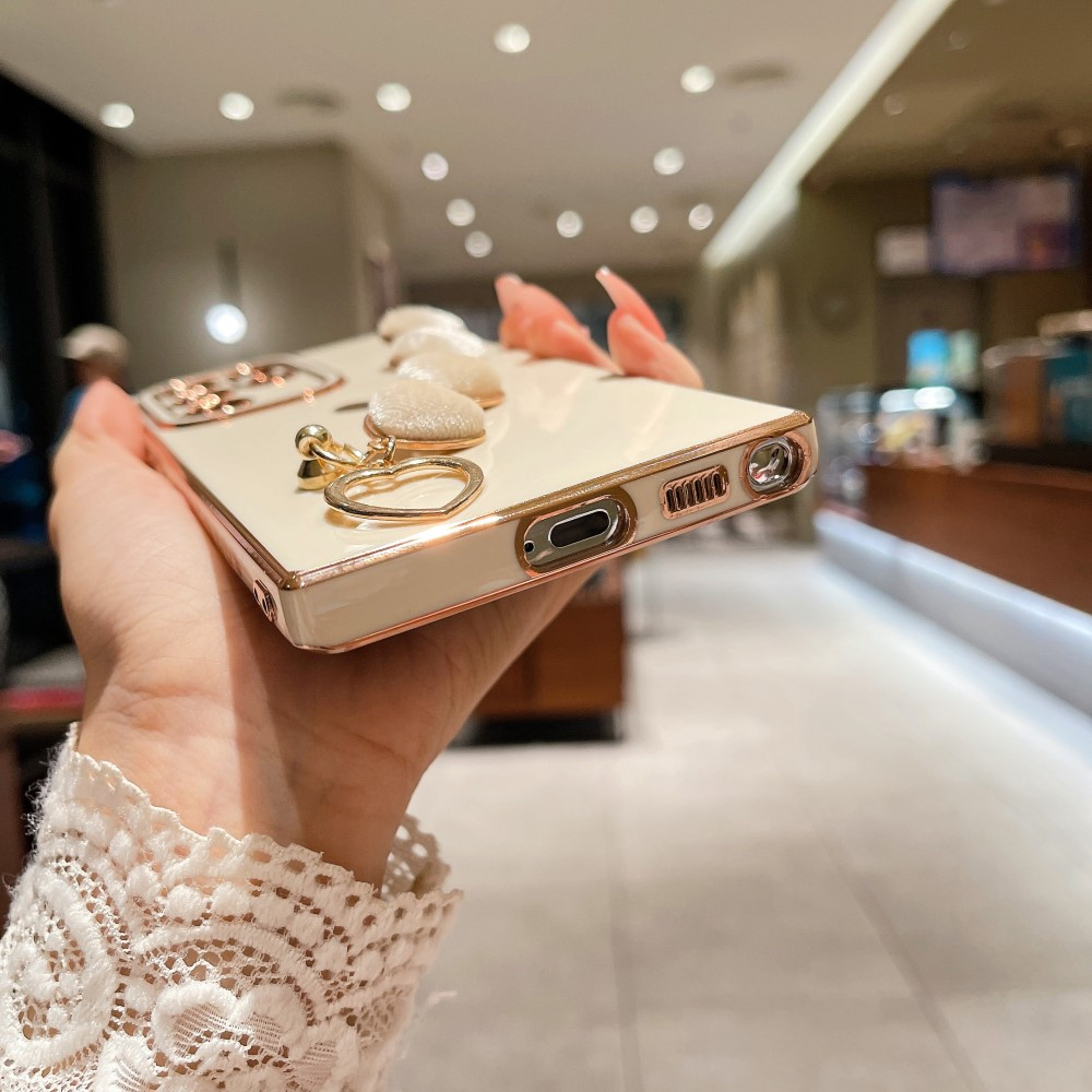 Samsung Galaxy S23 Ultra 5G Gummi Hülle mit Plüsch Herz Kette Handschlaufe   Kameraschutz - Schwarz / Gold