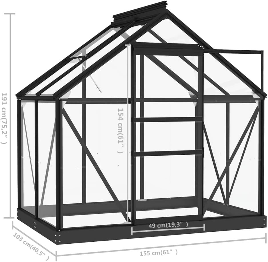 Gewächshaus im Garten Glas Anthrazit 155x103x191 cm Aluminium Gewächshaus Klein Frostschutz Pflanzen Winterschutz Gemüsehaus Treibhaus Gerätehaus Tomatenhaus UV-beständig&Wärmegedämmt