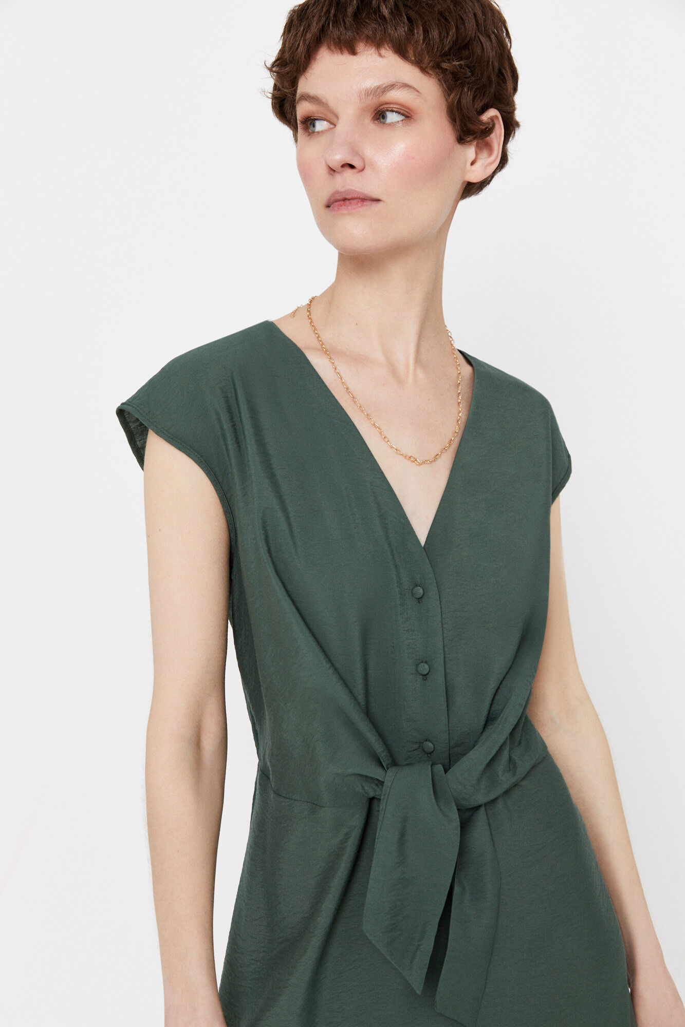 Vestido com amarração na cintura - Cáqui
