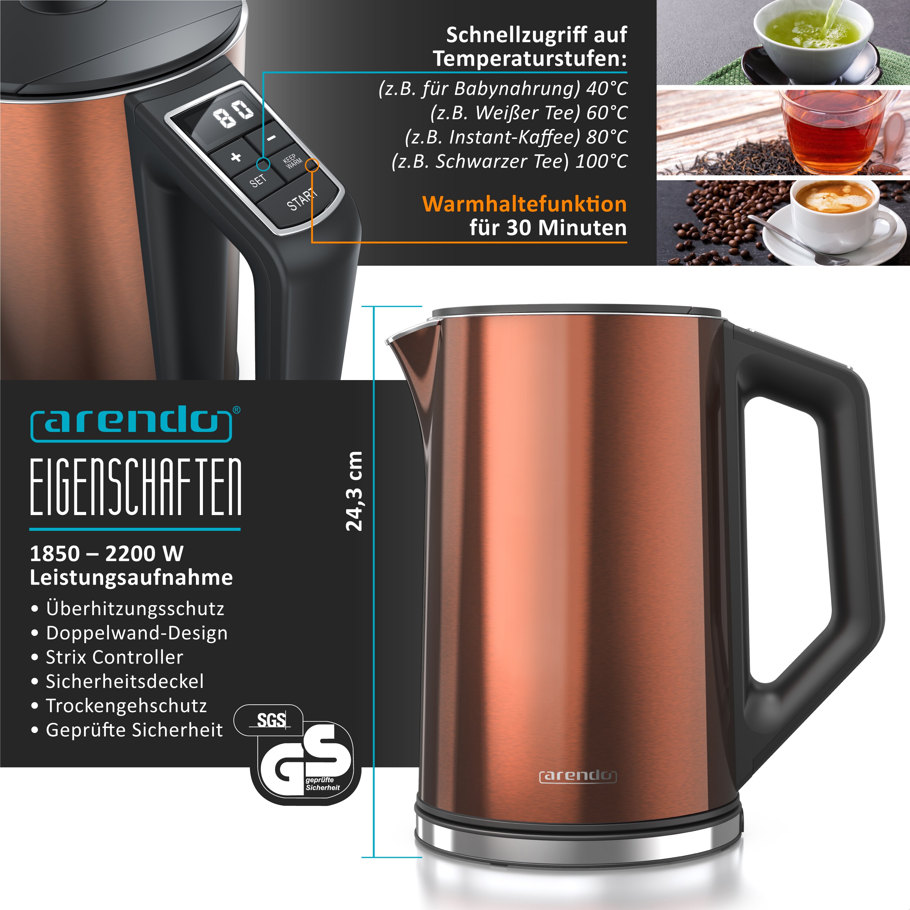 Arendo Frühstücksset 2-teilig, Langschlitztoaster für 2 Scheiben, Wasserkocher Edelstahl 1,5 Liter, Kupfer