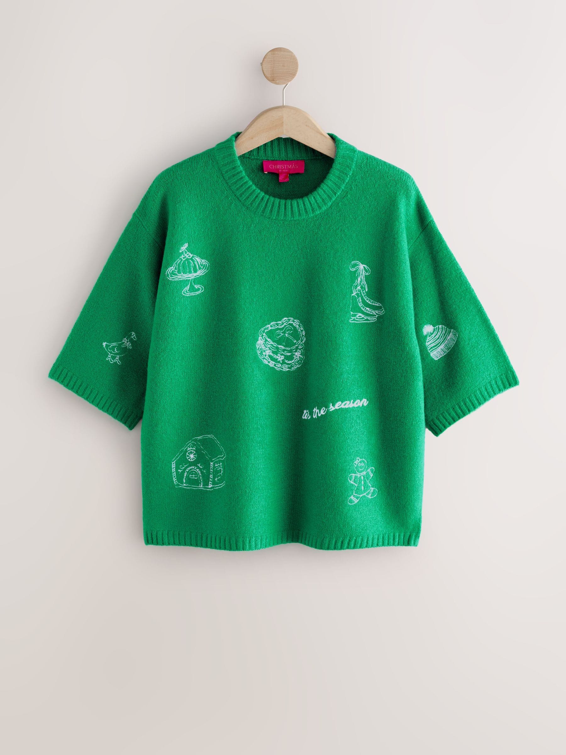 Felgroen - Embroidered Merry Era Sequin Tinsel Graphic Short Sleeve Christmas Jumper