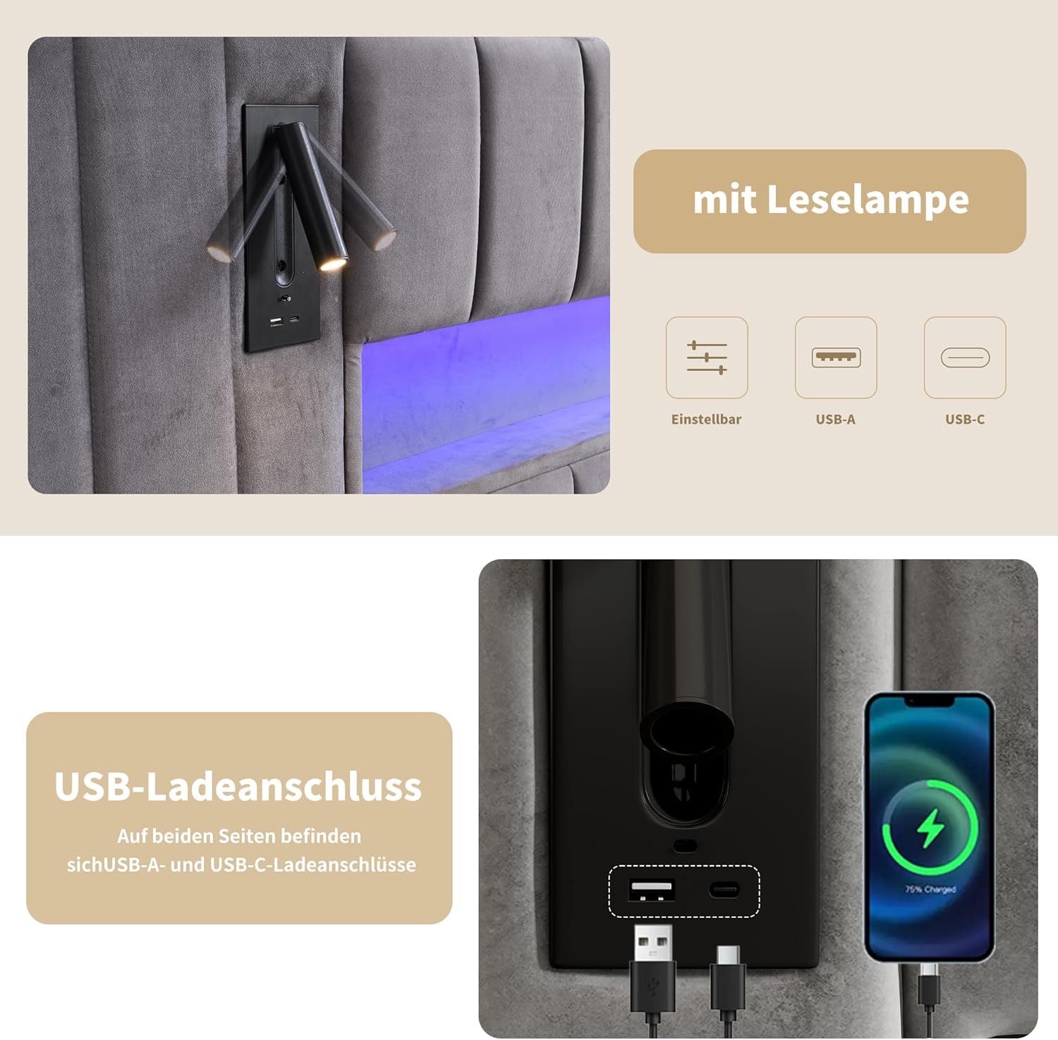 Kayan Polsterbett 180x200cm, Boxspringbett mit hydraulisches Bettkasten, Doppelbett mit LED-Kopfteil und Lattenrost, Leselicht mit USB Aufladen, Stauraumbett Jugendbett Bettgestell, Samt