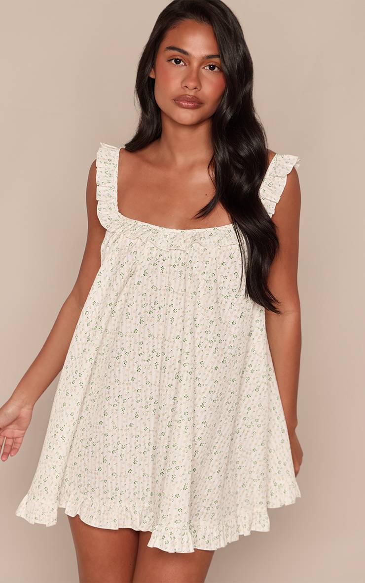 Blanc Robe Droite À Fleurs Texturée Seersucker