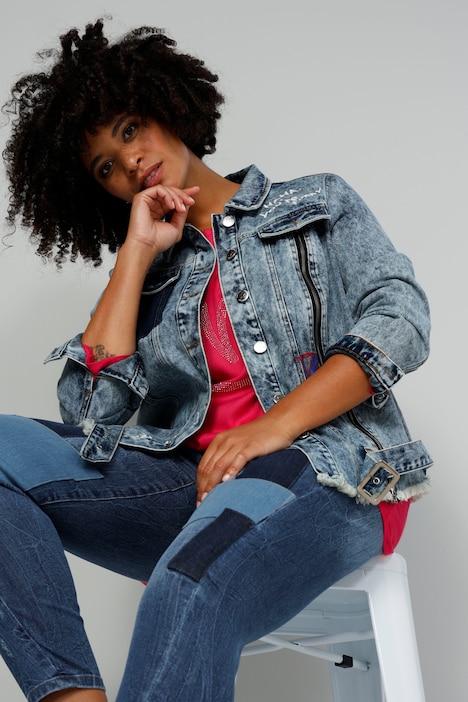 Jeansjacke, Used-Look, Rücken-Print, Zierzipper, Fransensaum