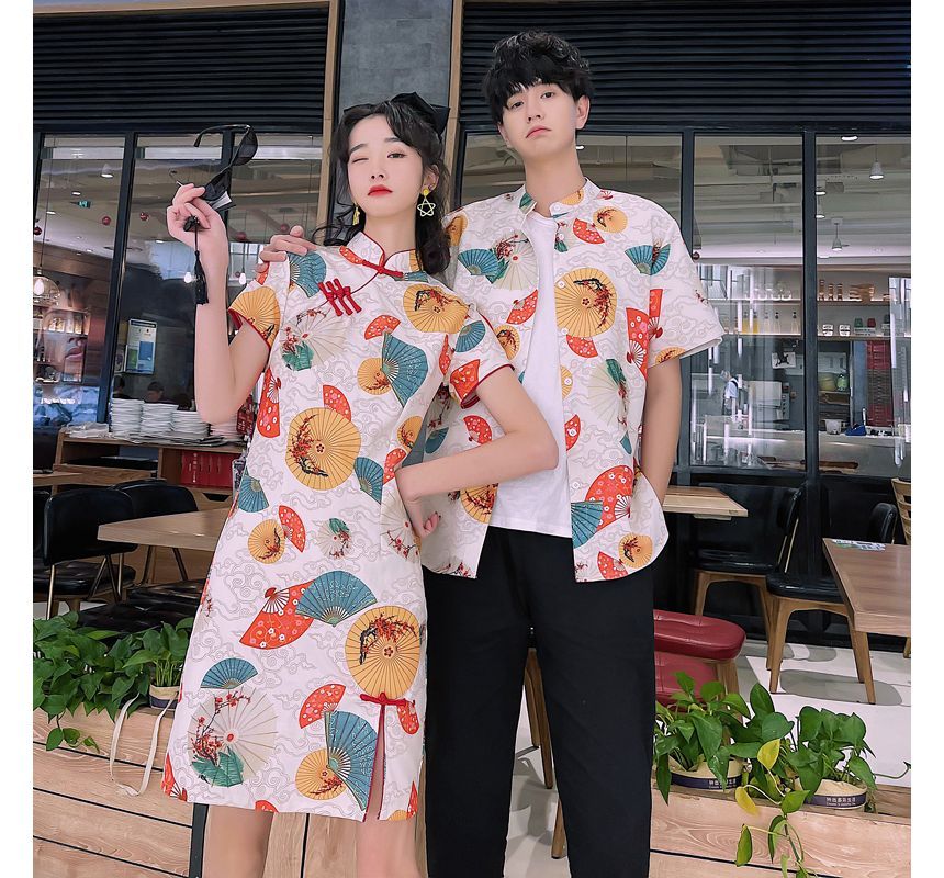 NoonSun - Koppel bijpassende korte mouwen waaier print mini qipao / shirt / effen rechte broek / set