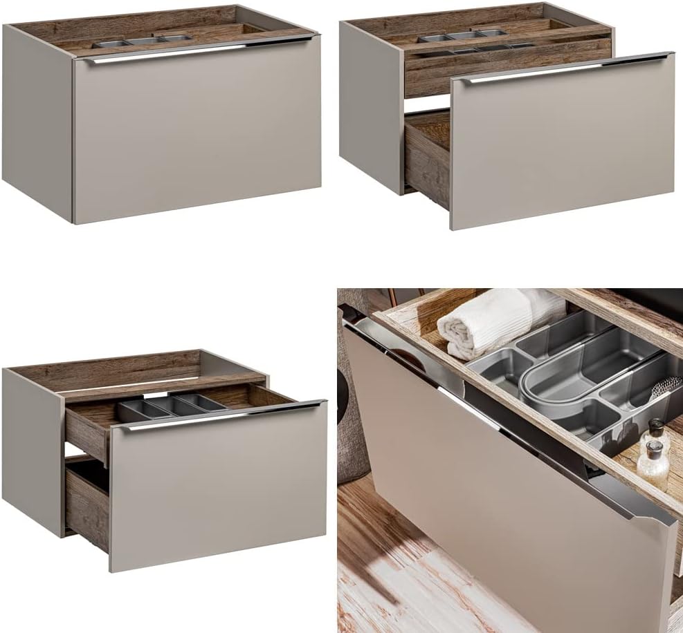 Lomadox Badmöbel Komplett Set in Taupe mit Vintage Eiche, 180cm Doppel Waschtischunterschrank, 2 Keramik Waschbecken, Regale, 2 LED-Spiegelschränke, 2 Hochschränke