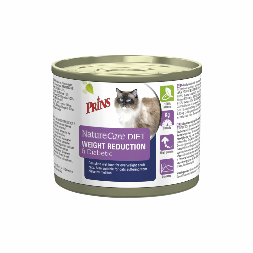 6x Prins NatureCare Diet Kattenvoer Nat Weight Reduction & Diabetic200 gr