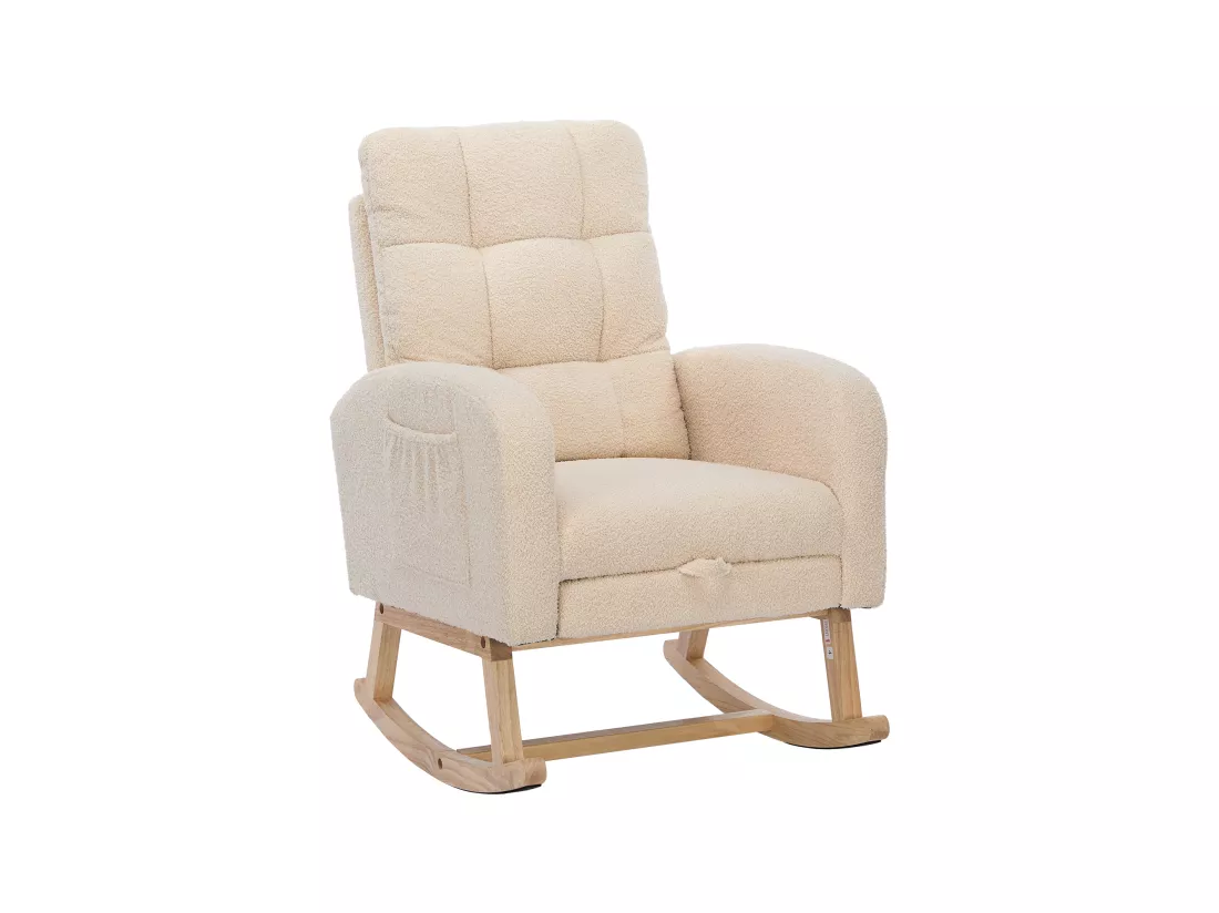 Fauteuil à bascule en velours teddy avec repose-pièds et accoudoirs - 132 x 50 x 99 cm - Structure en bois massif - Beige