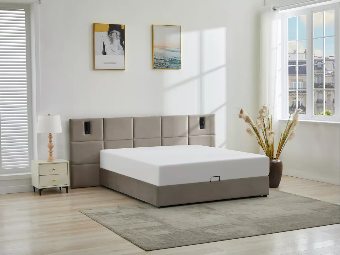 Lit coffre 160 x 200 cm avec tête de lit et lampe intégrée - Velours - Taupe - SARETO