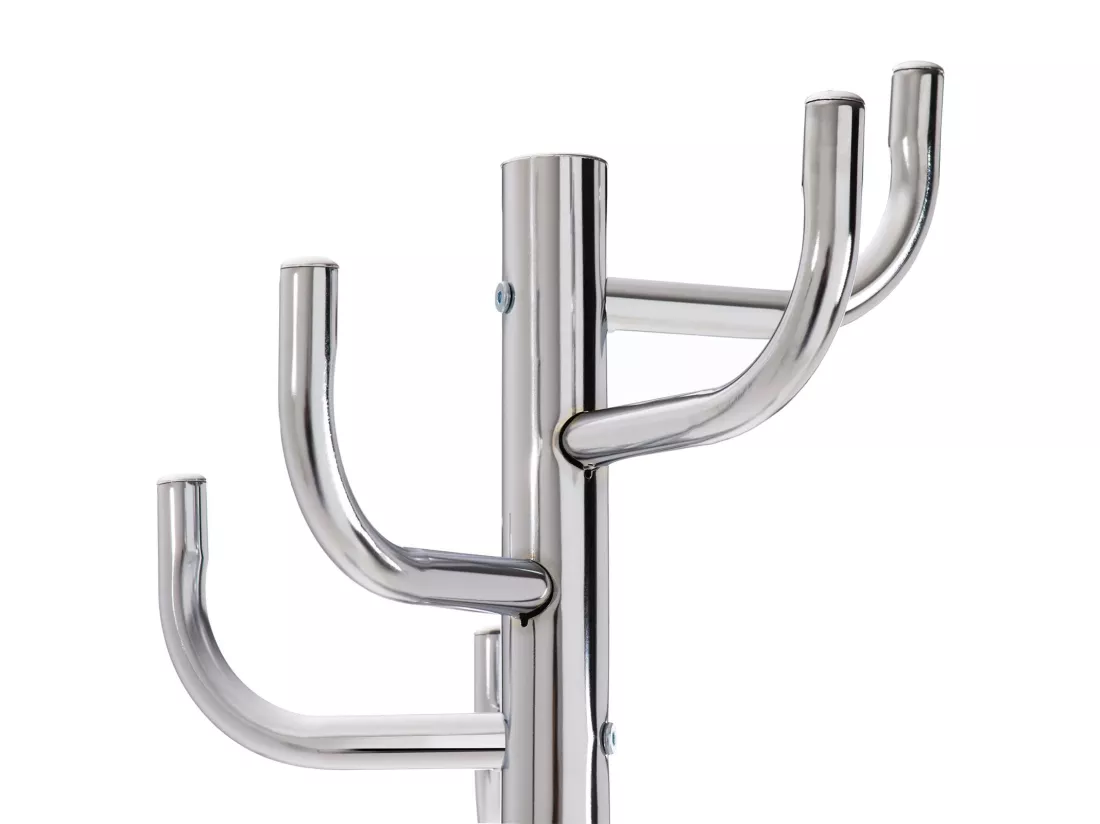 Porte-manteaux MILA portant pour vêtements sur pied socle rond et 8 crochets dont 3 à mi-hauteur, meuble d'entrée en métal chromé