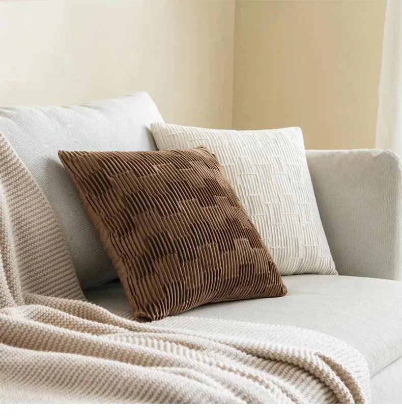 Velvet Solid Color Cushion Cover (Brown / White)| Modern Simple Line Pleated Decorative Pillowcase