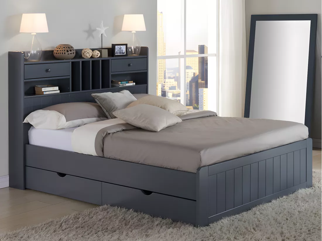 Lit avec rangements 140 x 190 cm - Pin - Gris anthracite + Sommier - MEDERICK