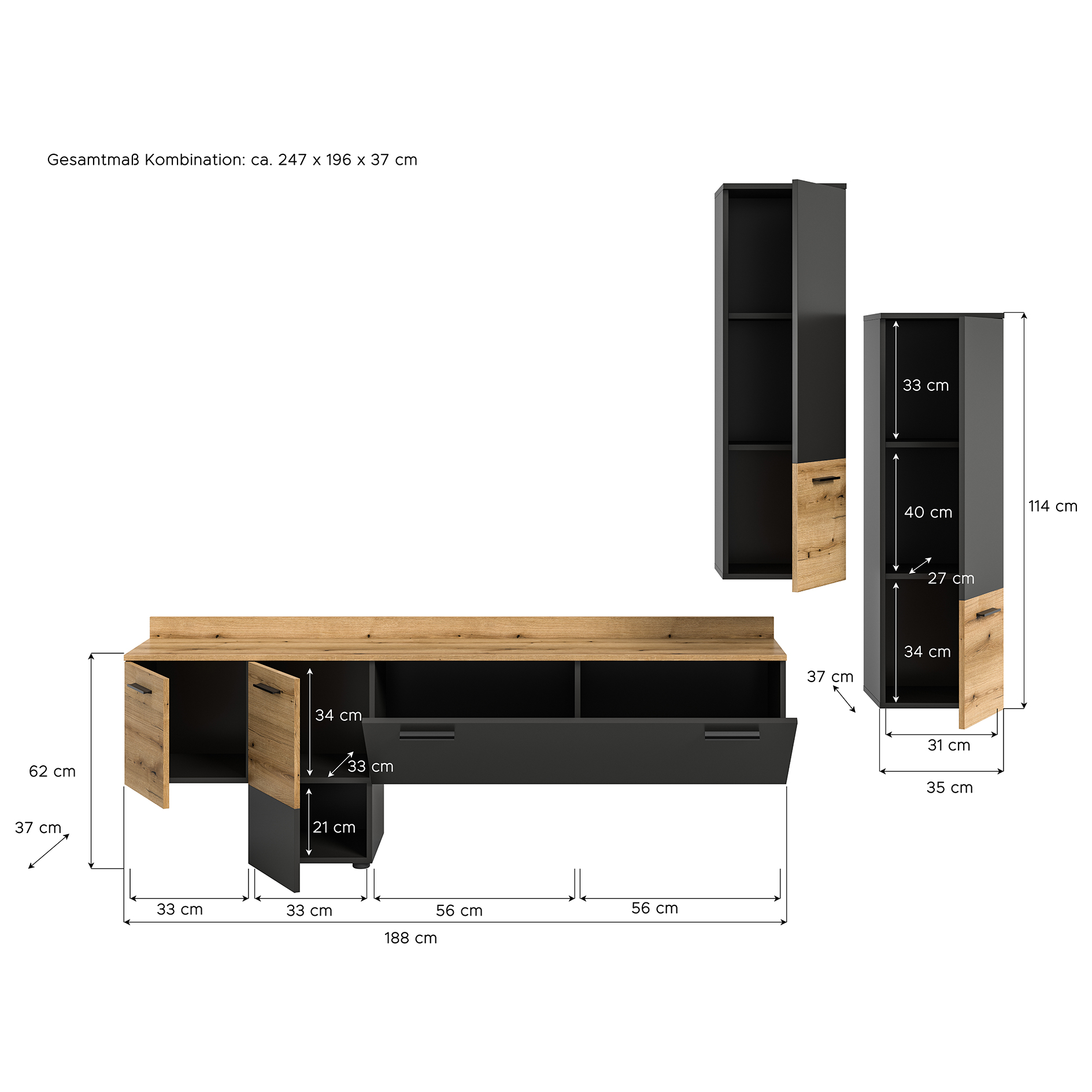 3-teiliges Wohnwand-Set GOAL - grau - Evoke Oak - LED-Beleuchtung