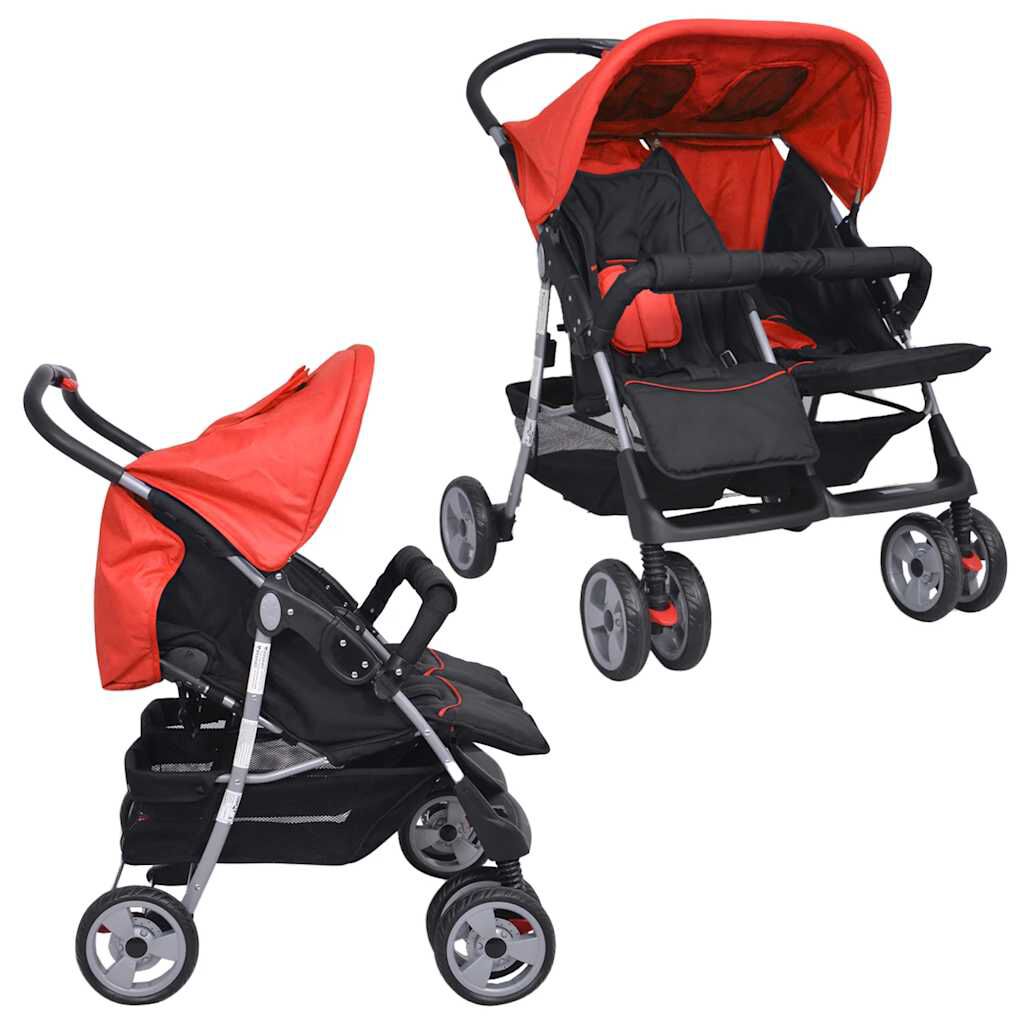 vidaXL Tweelingkinderwagen Rood en Zwart