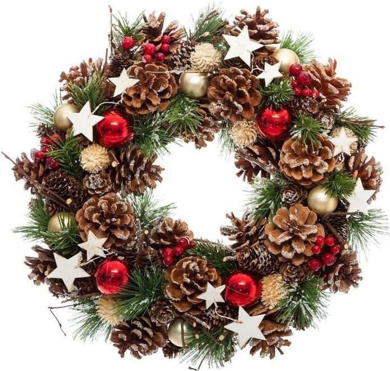 Feeric - Kerstkrans - D35 x 8 cm - Met Kerstversiering - Dennenappels