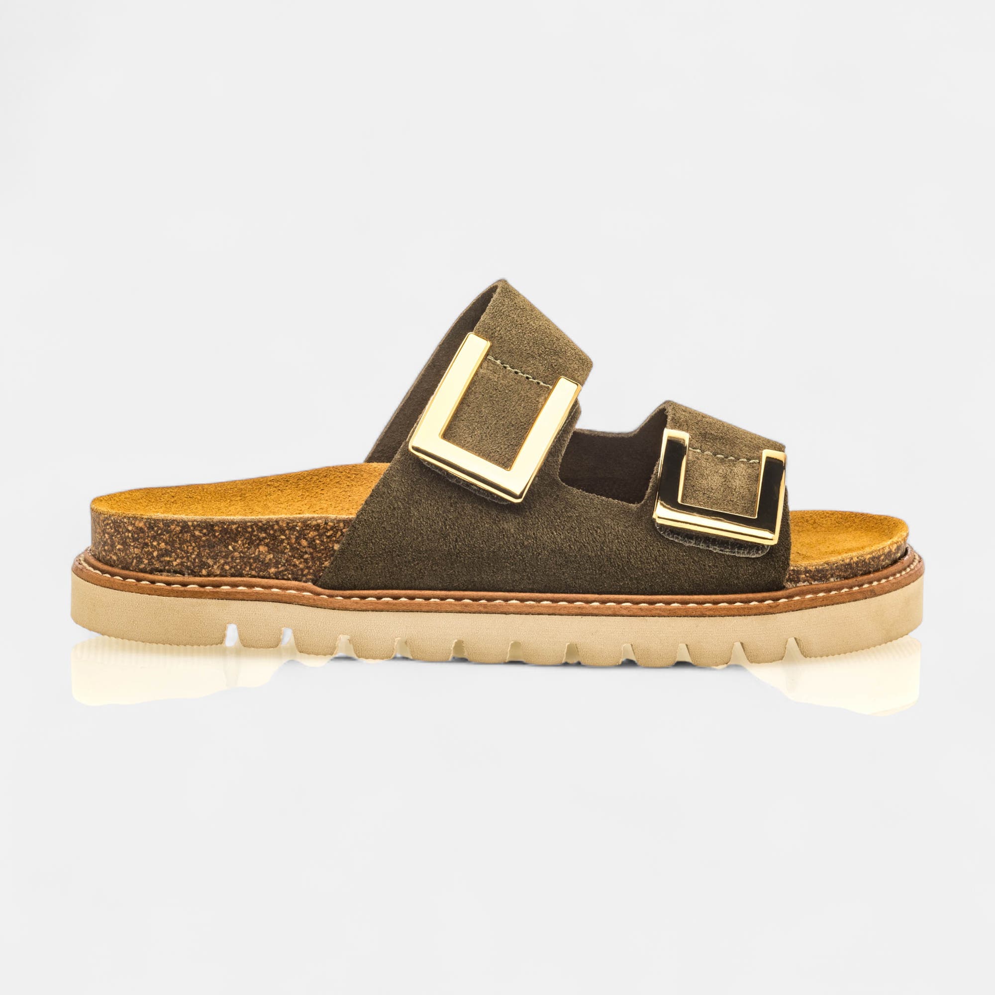 Mules semelle liège Femme en cuir kaki