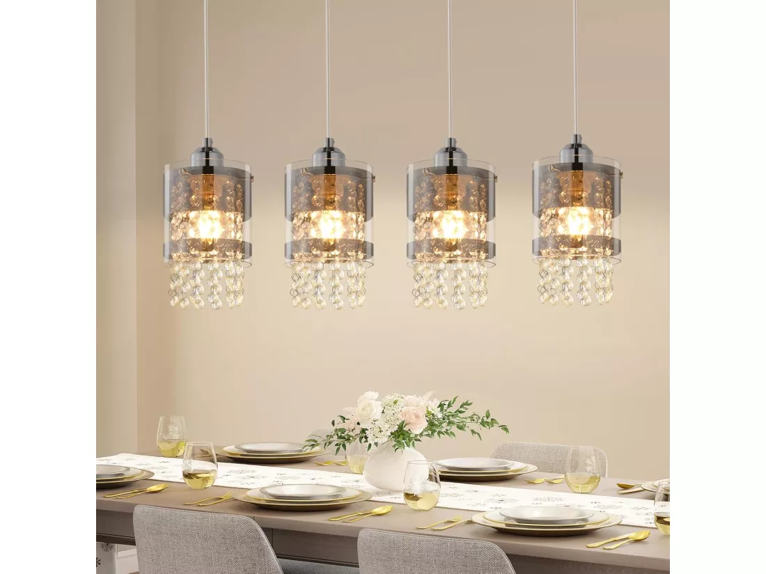 NETTLIFE Suspension Table à manger Moderne Verre Suspension 4 Flammes Suspendue 150CM Réglable en hauteur Cristal E27