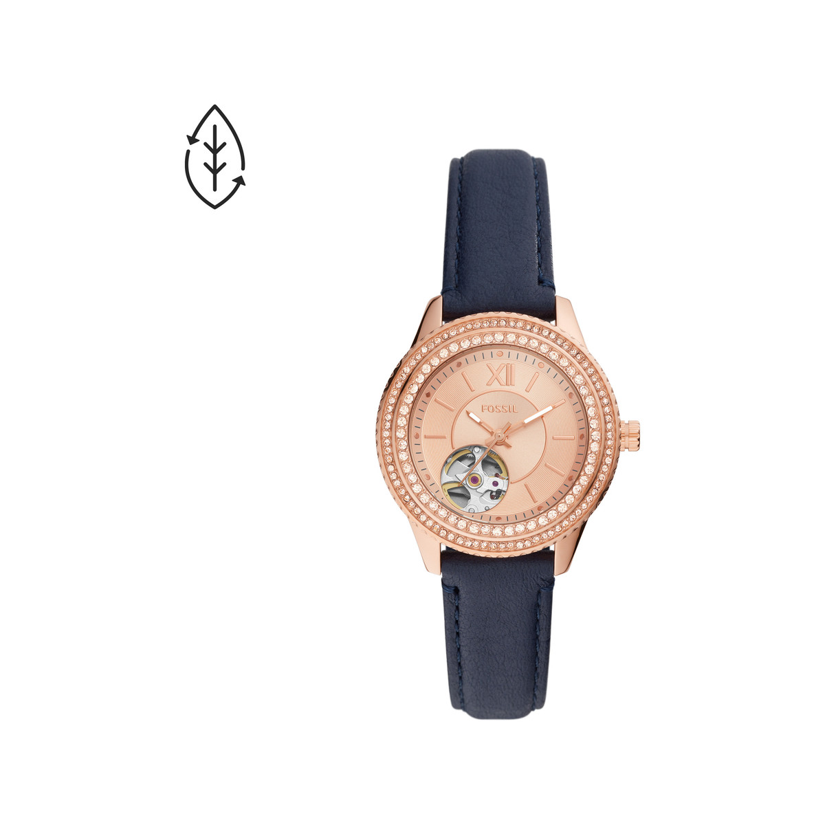 Montre FOSSIL femme automatique acier doré rose bracelet cuir bleu marine