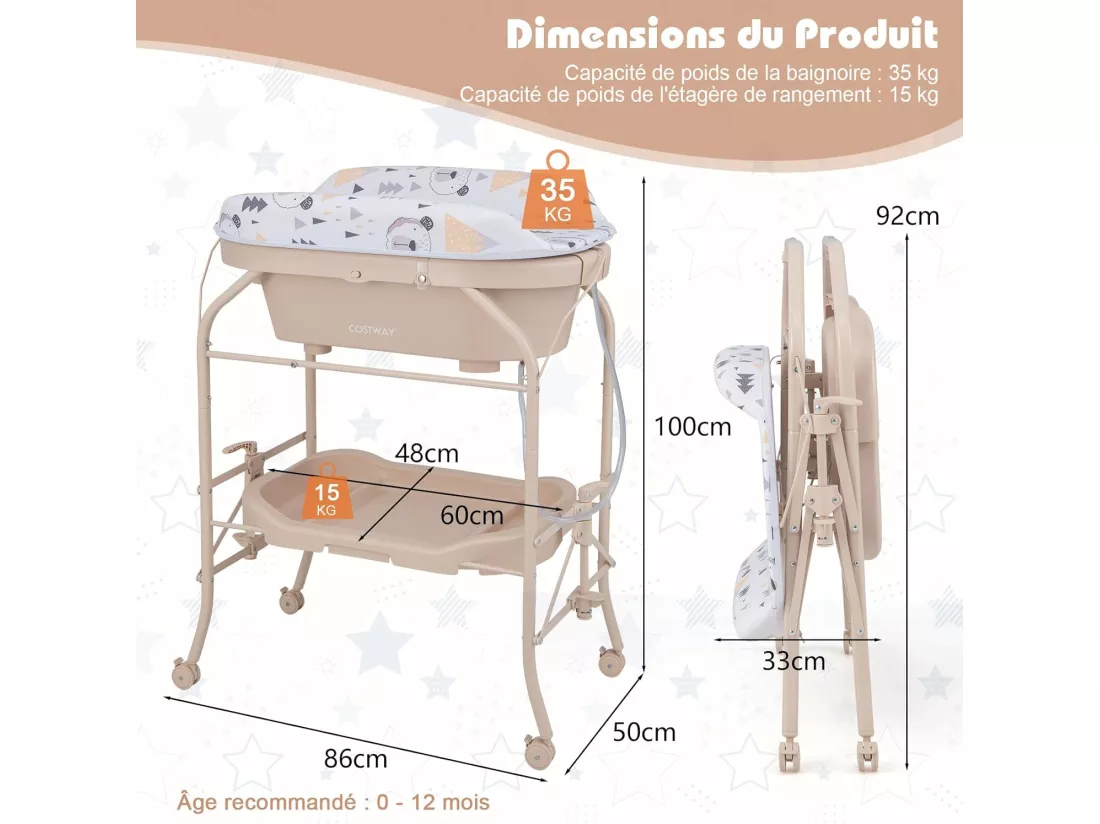 Table à Langer 2 en 1 avec Baignoire 20L Plateau de Rangement, Commode à Langer Pliable Couches Étanches Roue Universelle à Frein Charge 35KG, pour Bébé 0-12 Mois (Beige)