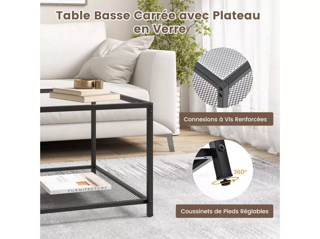 Table basse carrée, table basse verre avec étagère en maille, 70 x 70 x 45 cm transparent