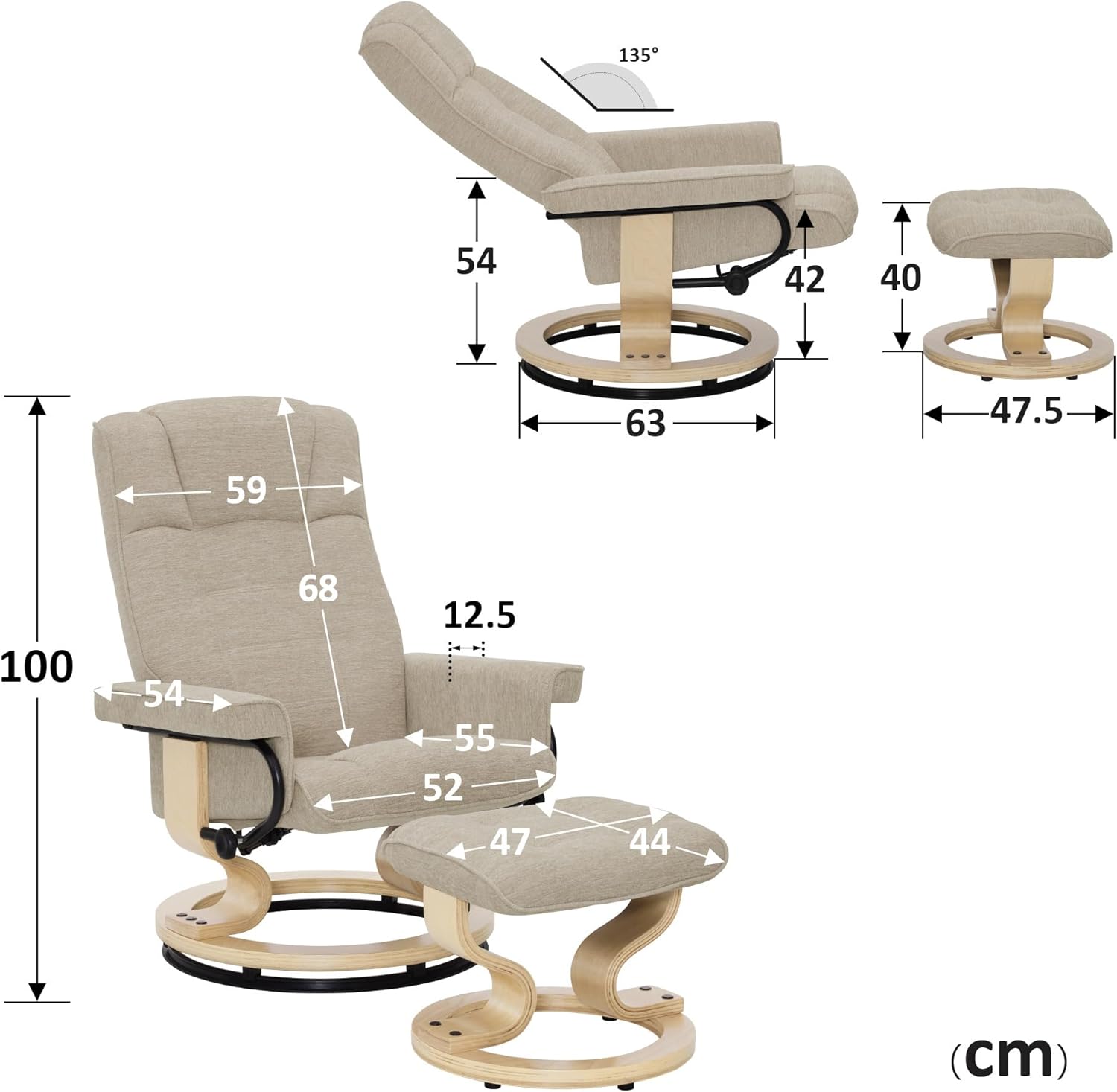 M MCombo Relaxsessel mit Hocker, 360° drehbarer Fernsehsessel mit Liegefunktion, bis 120 Kg belastbarer TV-Sessel, moderner Ruhesessel für Wohnzimmer, 9019 (Stoff, Beige)