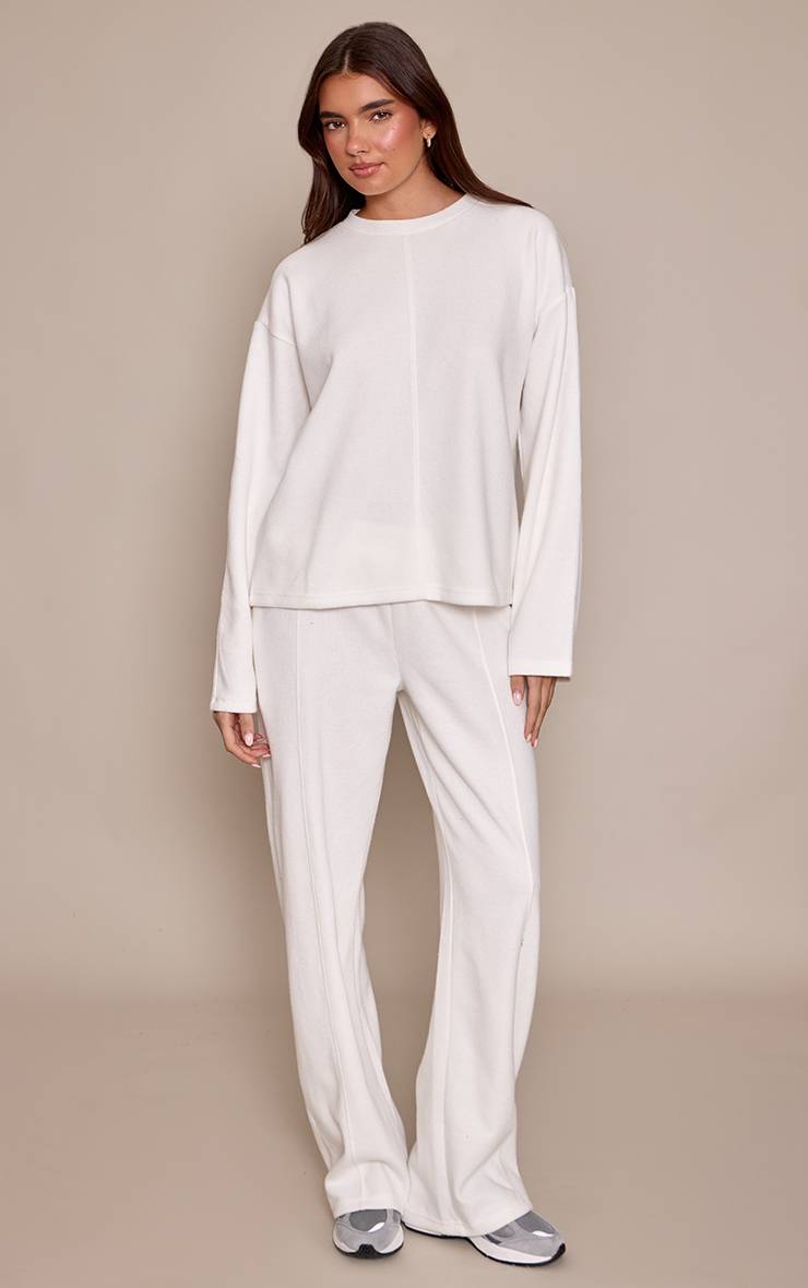Crème Pantalon De Jogging Droit En Maille Côtelée Douce