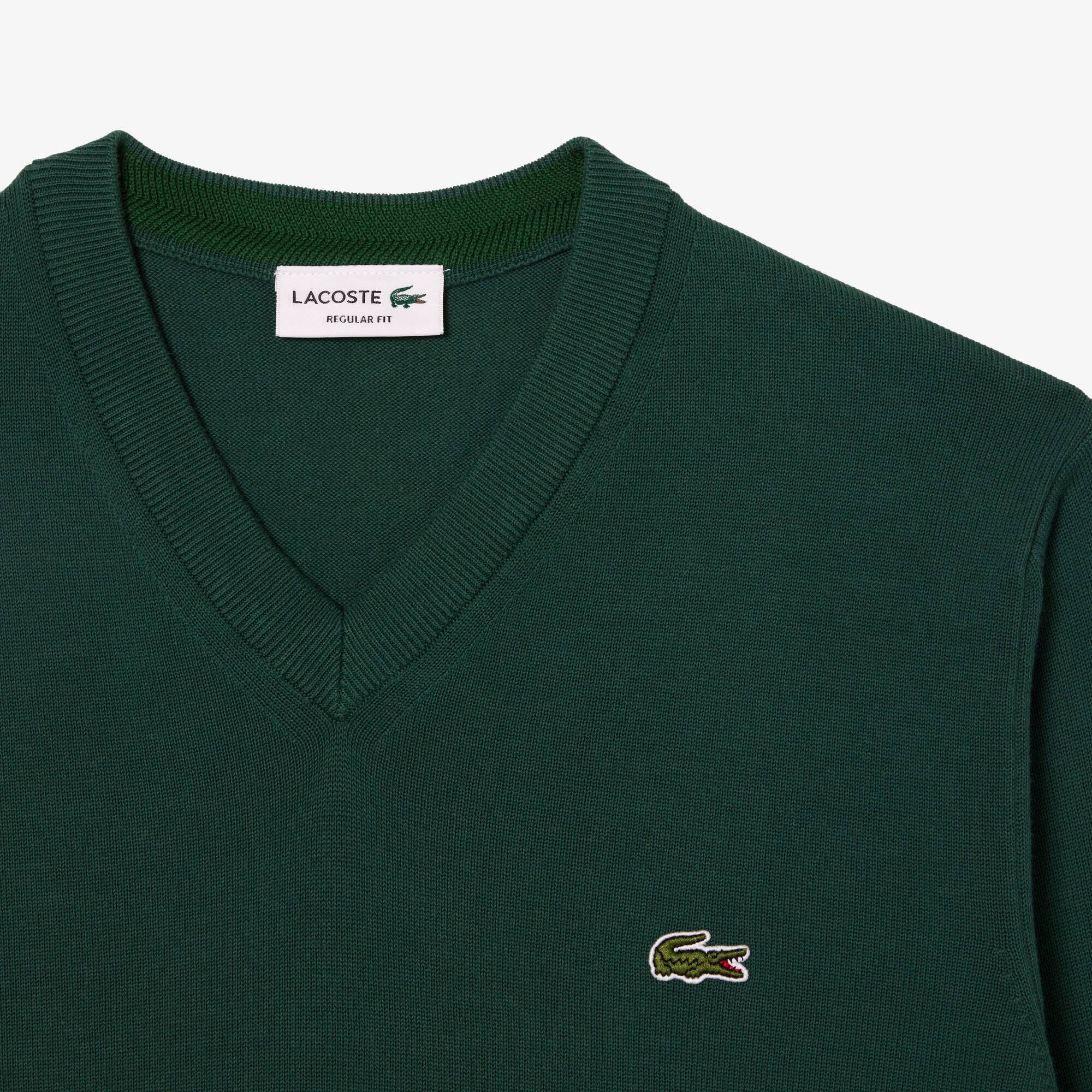 Pull à col V en coton biologique uni Pullovers - Vert - Lacoste - Homme