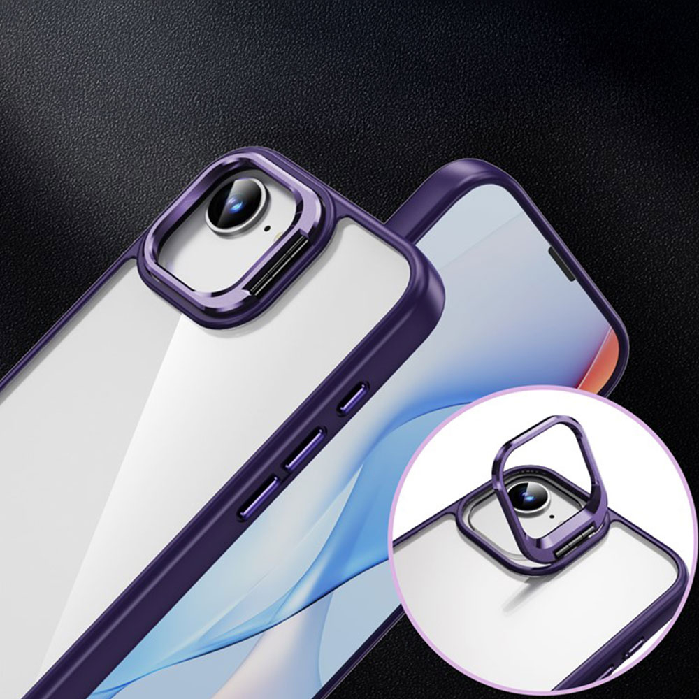 iPhone 16e Hybrid Hardcase Hülle TPU Bumper   Kunststoff Rückseite mit Kamera Kickstand - Violett / Transparent