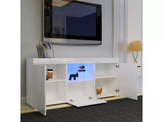 Meuble TV Blanc Brillant avec LED Lumière, 3 Portes, Etagère en Verre, Banc TV Moderne, Buffet Salon, 135x35x70cm