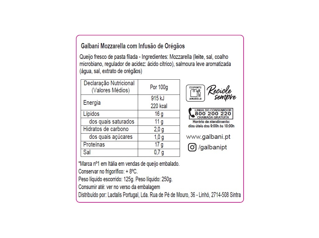 QUEIJO MOZZARELLA GALBANI INFUSÃO OREGÃOS 125G