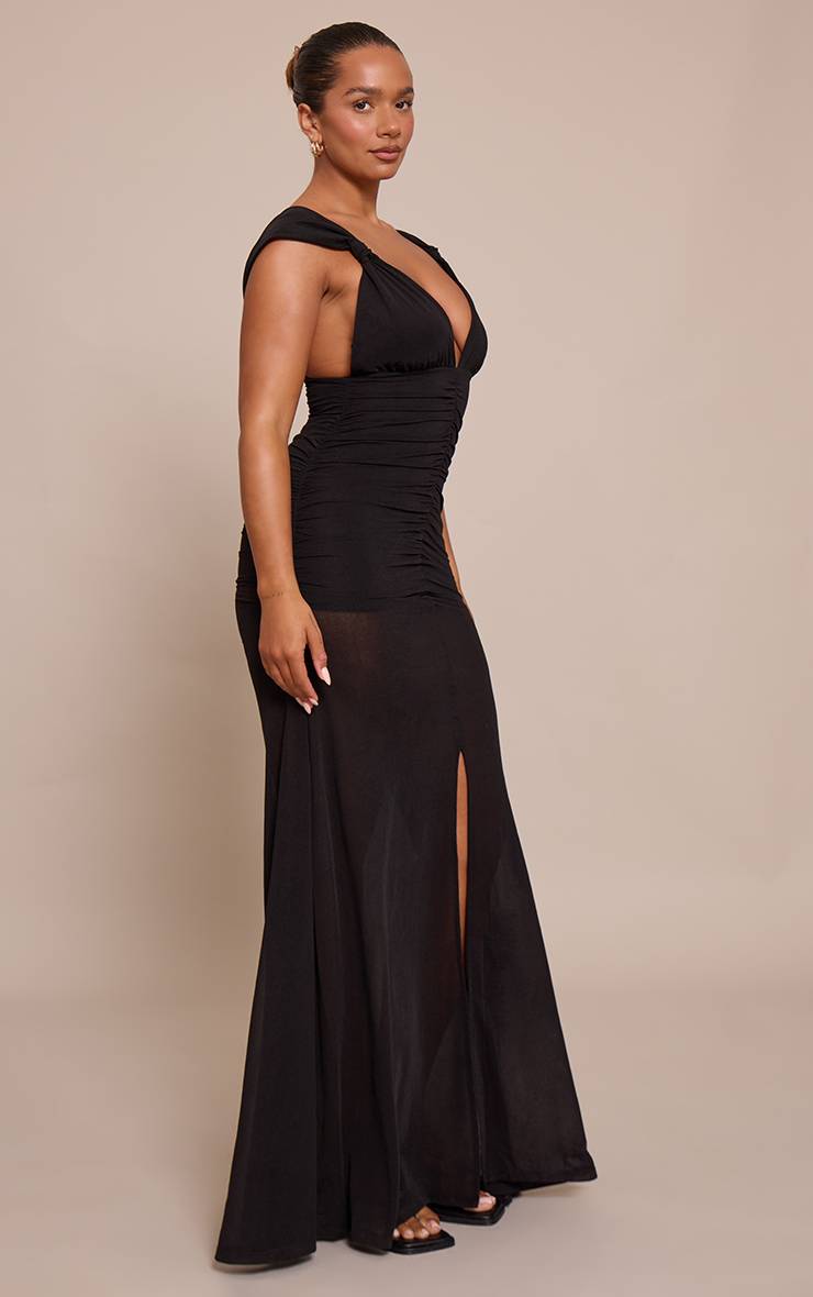 Noir Robe Maxi Froncée À Décolleté Plongeant Avec Détail Nœud Shape