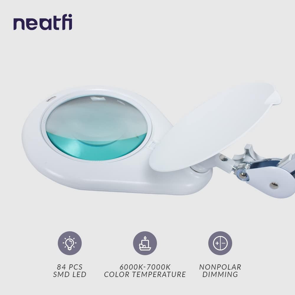 Neatfi Elite HD XL Super LED Lupenleuchte mit Klemme und verstellbarem Arm, 12W, 84 SMD, 5 Dioptrien, 6500K, augenfreundlich, platzsparend, blendfrei (18 cm, Weiß)