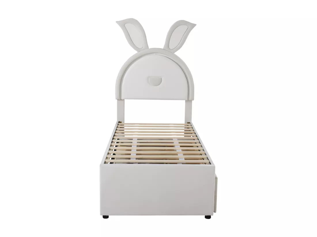 Lit gigogne 90x200+90x190cm, lit enfant capitonné en tissu velours, avec tiroir de rangement, tête de lit LED avec oreilles de lapin, beige