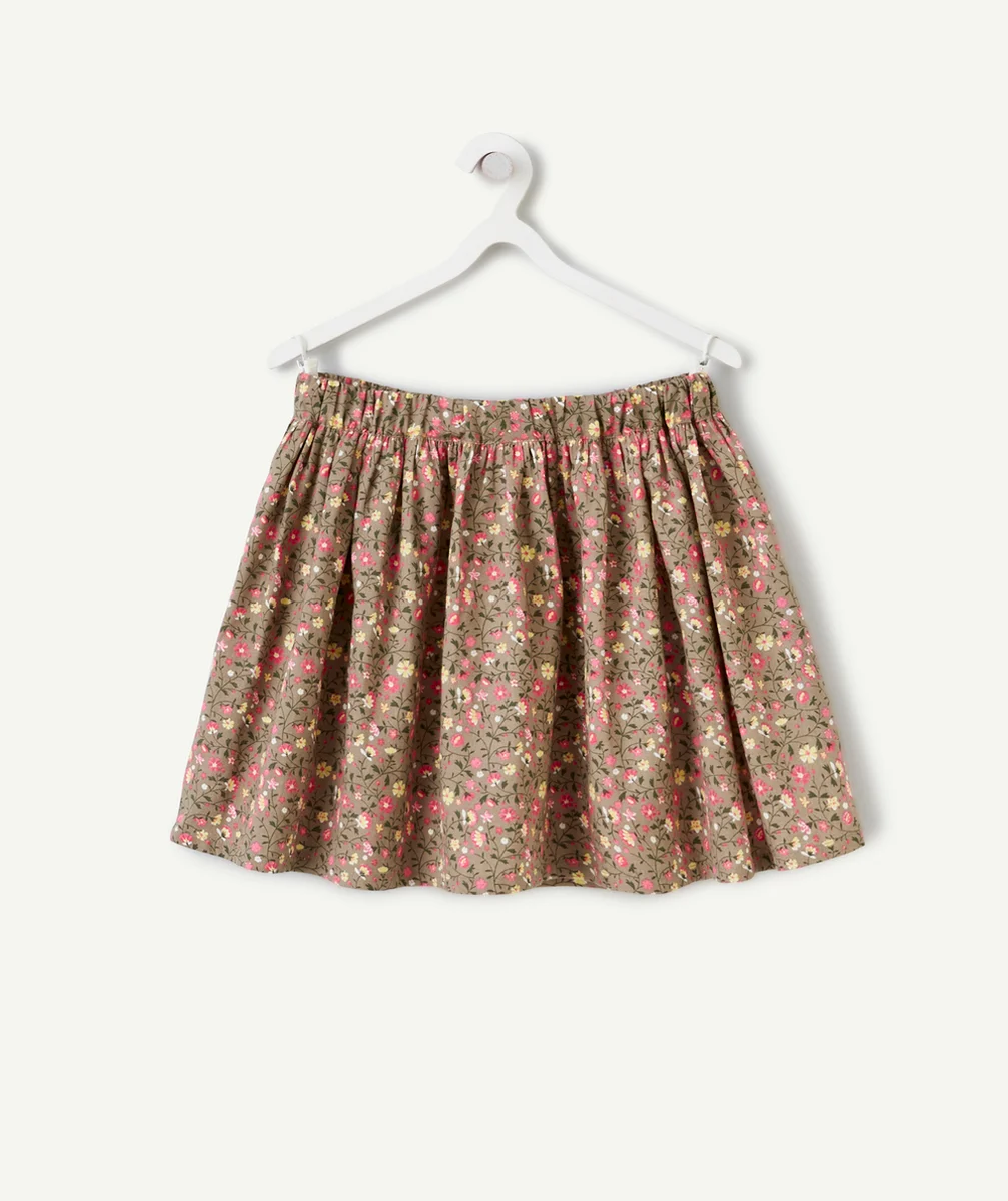 JUPE FILLE EN COTON BIOLOGIQUE KAKI À FRONCES AVEC IMPRIMÉ FLEURI