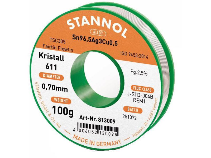 Stannol Lötzinn Kristall 611 TSC Ø 0.7 mm 100 g TSC Lötdraht Kristall 611 Ø 0.7 mm 100 g