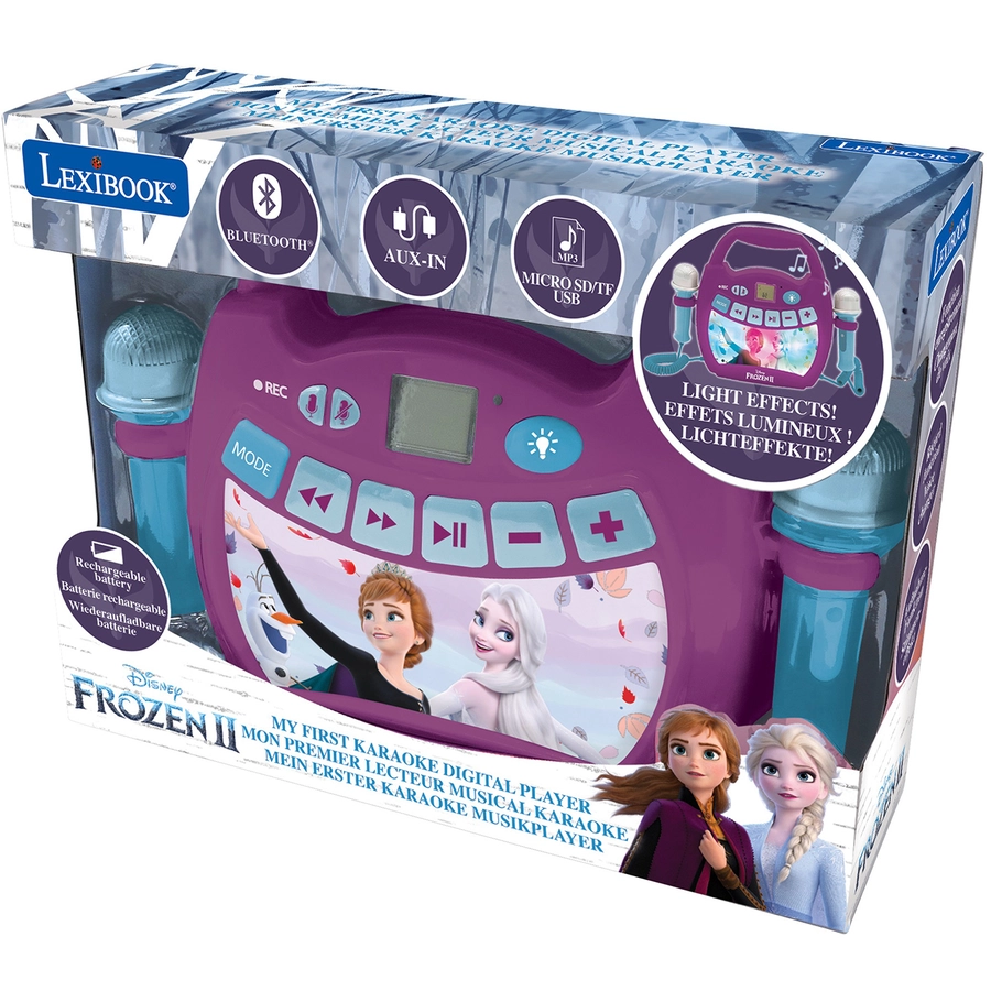 LEXIBOOK  Die Eiskönigin - Mein erster digitaler Karaoke Player mit zwei Mikrofonen, LED Lichteffekten, Bluetooth und Akku