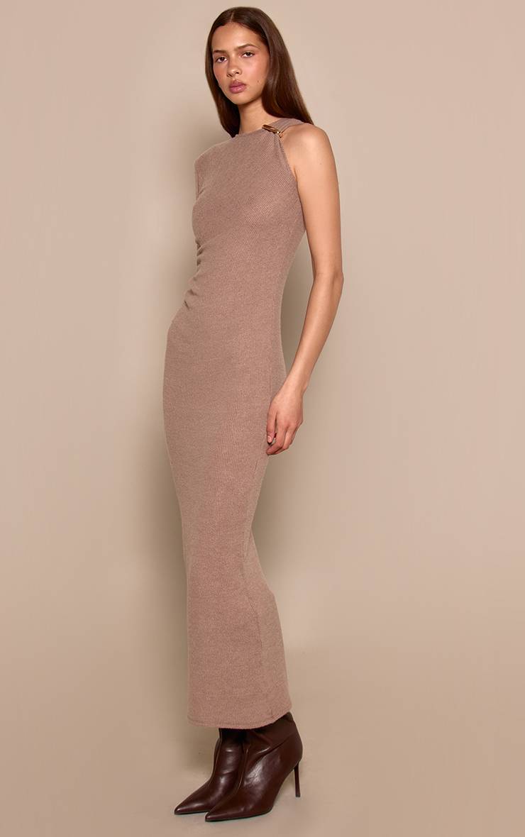 Taupe Robe Moulante Côtelée Brossée Avec Détail De Finition